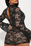 White Sexy Solid Lace Hollowed Out Patchwork See-through Half A Turtleneck Skinny Rompers