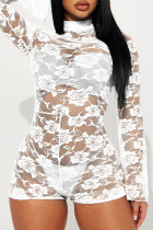 White Sexy Solid Lace Hollowed Out Patchwork See-through Half A Turtleneck Skinny Rompers