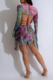 Blue Sexy Print Bandage Hollowed Out Asymmetrical Halter Long Sleeve Two Pieces