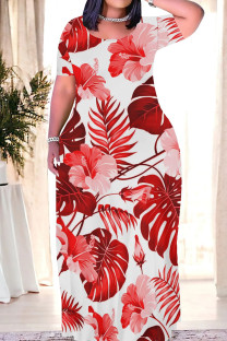 Red Casual Print Patchwork O Neck Long Dresses