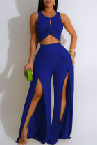Blue Elegant Solid Hollowed Out Patchwork High Opening O Neck Sleeveless Two Pieces