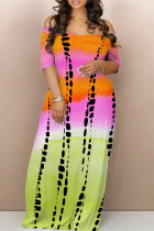 Orange Green Casual Gradient Patchwork Off the Shoulder Long Dresses