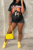 Black Casual Print Patchwork O Neck T-Shirts
