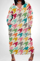 Colour Casual Print Patchwork Pocket V Neck Long Plus Size Dresses