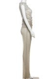 Apricot Sexy Solid Patchwork See-through Oblique Collar Sleeveless Two Pieces