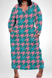 Red Casual Print Patchwork Pocket V Neck Long Plus Size Dresses
