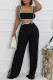 Black Elegant Patchwork Buttons Backless Strapless Sleeveless Two Pieces