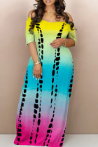 Yellow And Blue Casual Gradient Patchwork Off the Shoulder Long Dresses