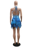 Blue Sexy Print Bandage Hollowed Out Asymmetrical Halter Long Sleeve Two Pieces