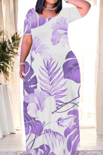 Light Purple Casual Print Patchwork O Neck Long Dresses
