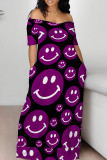 Red Casual Print Patchwork Pocket Off the Shoulder Long Dresses