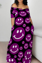 Purple Casual Print Patchwork Pocket Off the Shoulder Long Dresses