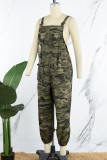 Army Green Casual Camouflage Print Patchwork Spaghetti Strap Regular Jumpsuits