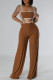 Dark Brown Elegant Patchwork Buttons Backless Strapless Sleeveless Two Pieces