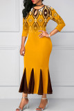 Orange Elegant Print Hollowed Out Patchwork Zipper O Neck Trumpet Mermaid Dresses