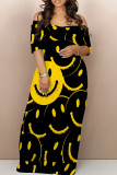 Red Casual Print Patchwork Pocket Off the Shoulder Long Dresses