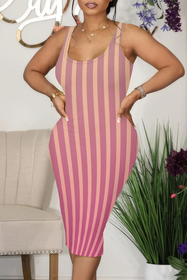 Pink Casual Gradient Striped Contrast U Neck Printed Dresses