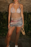 Brown Celebrities Print Bandage Patchwork See-through High Opening Halter Sleeveless Two Pieces