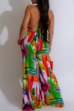 Multi-color Sexy Print Bandage Hollowed Out Backless Halter Sleeveless Two Pieces
