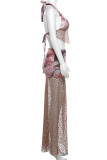 Brown Celebrities Print Bandage Patchwork See-through High Opening Halter Sleeveless Two Pieces