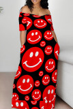 Red Casual Print Patchwork Pocket Off the Shoulder Long Dresses