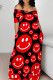 Red Casual Print Patchwork Pocket Off the Shoulder Long Dresses