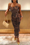 Brown Street Print Bandage Patchwork See-through Backless Spaghetti Strap Sleeveless Two Pieces