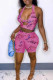 Pink Sexy Print Hollowed Out Patchwork Backless V Neck Sleeveless Two Pieces