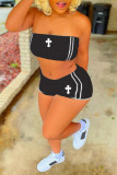 Rose Red Casual Sportswear Letter Striped Backless Strapless Sleeveless Two Pieces