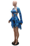 Blue Sexy Print Bandage Hollowed Out Asymmetrical Halter Long Sleeve Two Pieces