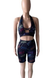 Pink Sexy Print Hollowed Out Patchwork Backless V Neck Sleeveless Two Pieces
