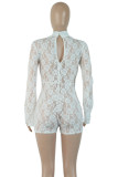 White Sexy Solid Lace Hollowed Out Patchwork See-through Half A Turtleneck Skinny Rompers