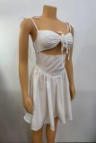 White Sexy Solid Bandage Hollowed Out Backless Spaghetti Strap Sleeveless Dresses