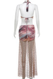 Brown Celebrities Print Bandage Patchwork See-through High Opening Halter Sleeveless Two Pieces