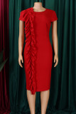 Red Elegant Solid Patchwork Flounce O Neck Wrapped Skirt Dresses