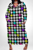 Red Casual Print Patchwork Pocket V Neck Long Plus Size Dresses
