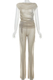 Apricot Sexy Solid Patchwork See-through Oblique Collar Sleeveless Two Pieces