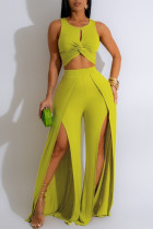 Olive Green Elegant Solid Hollowed Out Patchwork High Opening O Neck Sleeveless Two Pieces