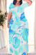 Light Blue Casual Print Patchwork O Neck Long Dresses
