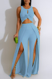 Light Blue Elegant Solid Hollowed Out Patchwork High Opening O Neck Sleeveless Two Pieces