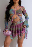 Blue Sexy Print Bandage Hollowed Out Asymmetrical Halter Long Sleeve Two Pieces