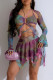 Purple Sexy Print Bandage Hollowed Out Asymmetrical Halter Long Sleeve Two Pieces