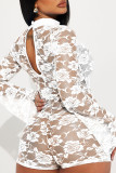 White Sexy Solid Lace Hollowed Out Patchwork See-through Half A Turtleneck Skinny Rompers