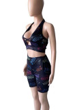 Pink Sexy Print Hollowed Out Patchwork Backless V Neck Sleeveless Two Pieces