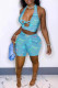 Blue Sexy Print Hollowed Out Patchwork Backless V Neck Sleeveless Two Pieces