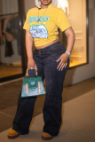Yellow Casual Print Patchwork O Neck T-Shirts