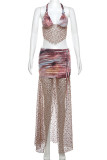 Brown Celebrities Print Bandage Patchwork See-through High Opening Halter Sleeveless Two Pieces