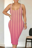 Pink Casual Gradient Striped Contrast U Neck Printed Dresses