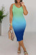 Green Blue Casual Gradient Patchwork V Neck Long Dresses