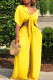 Yellow Casual Solid Frenulum V Neck Short Sleeve Two Pieces